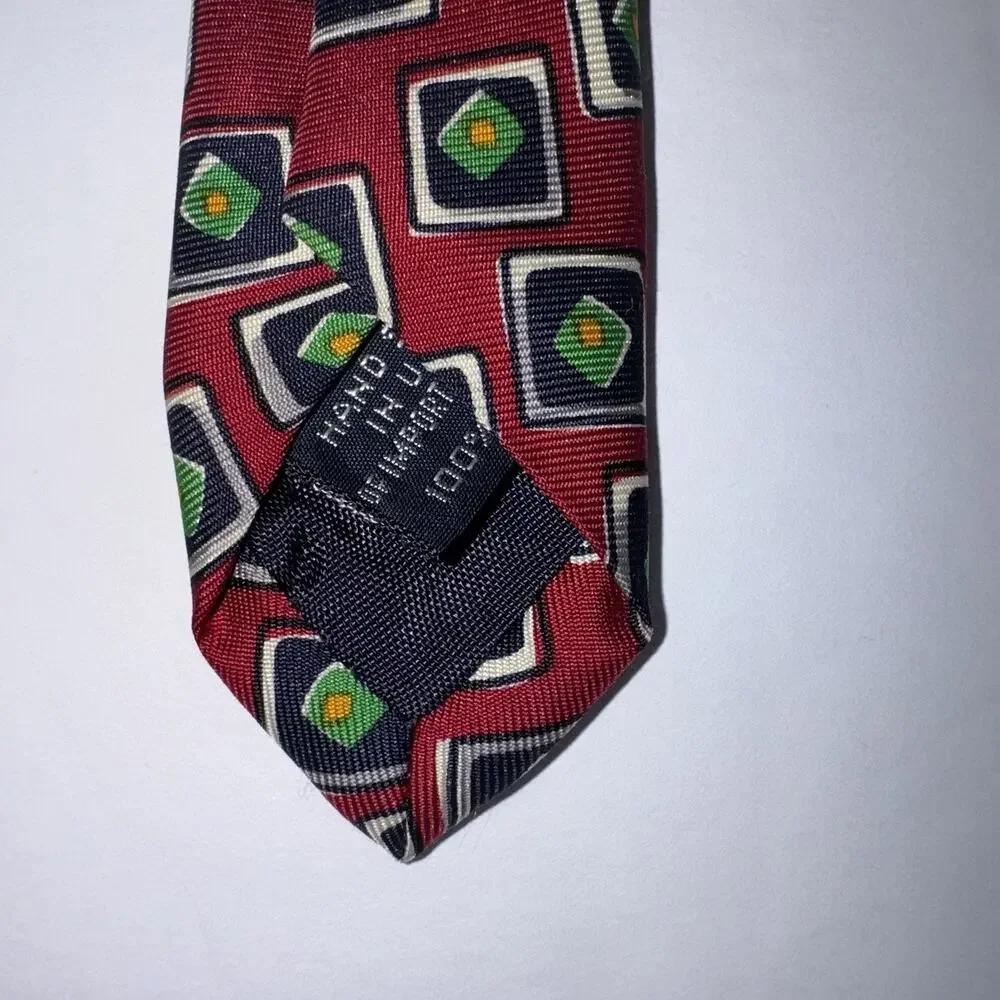 Lands’ End 100% Silk Tie Red Geometric Print Hand Sewn USA Vintage Mens Necktie